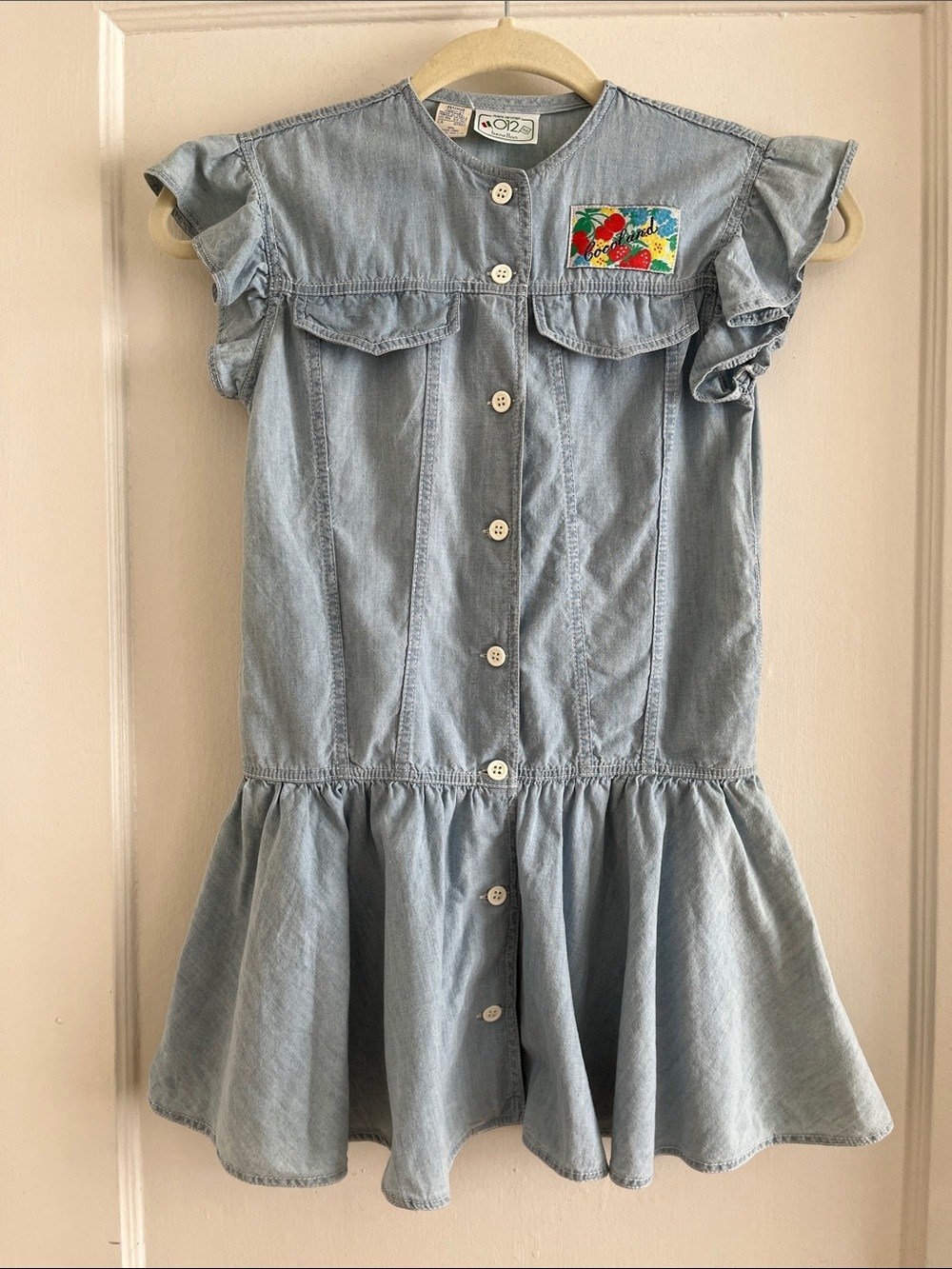 Girls XS 1980s Vintage Benetton 100% Cotton Chambray Button Front Dress
